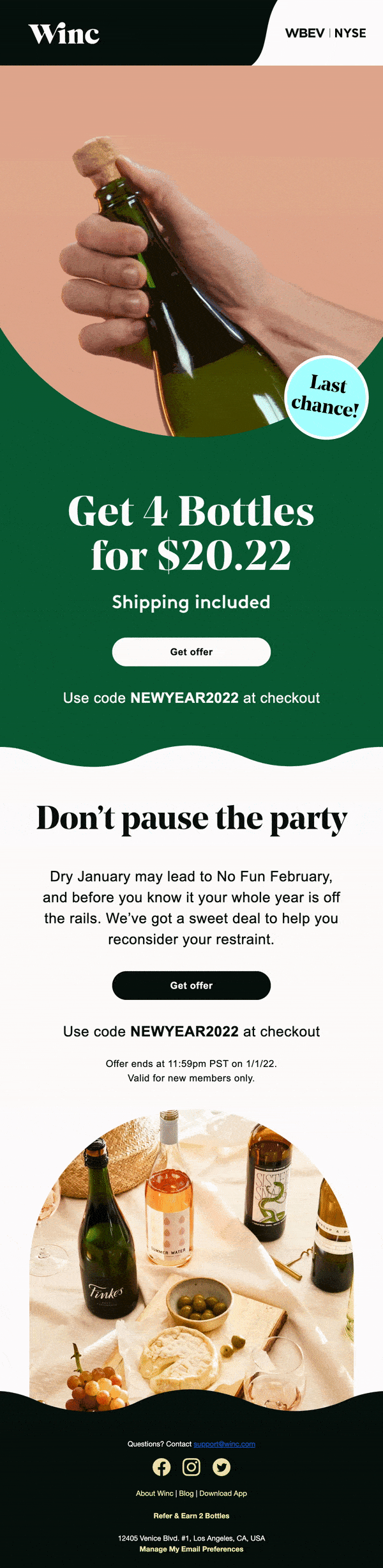 Dry January newsletter from Winc with a champange bottle popping GIF