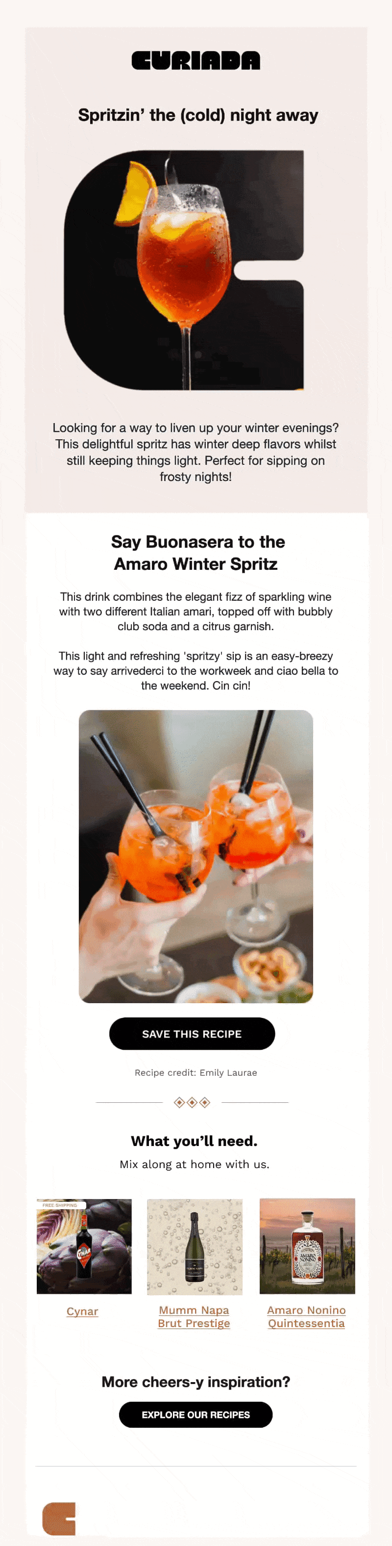 Curiada winter recipe newsletter with a GIF of an spritz drink