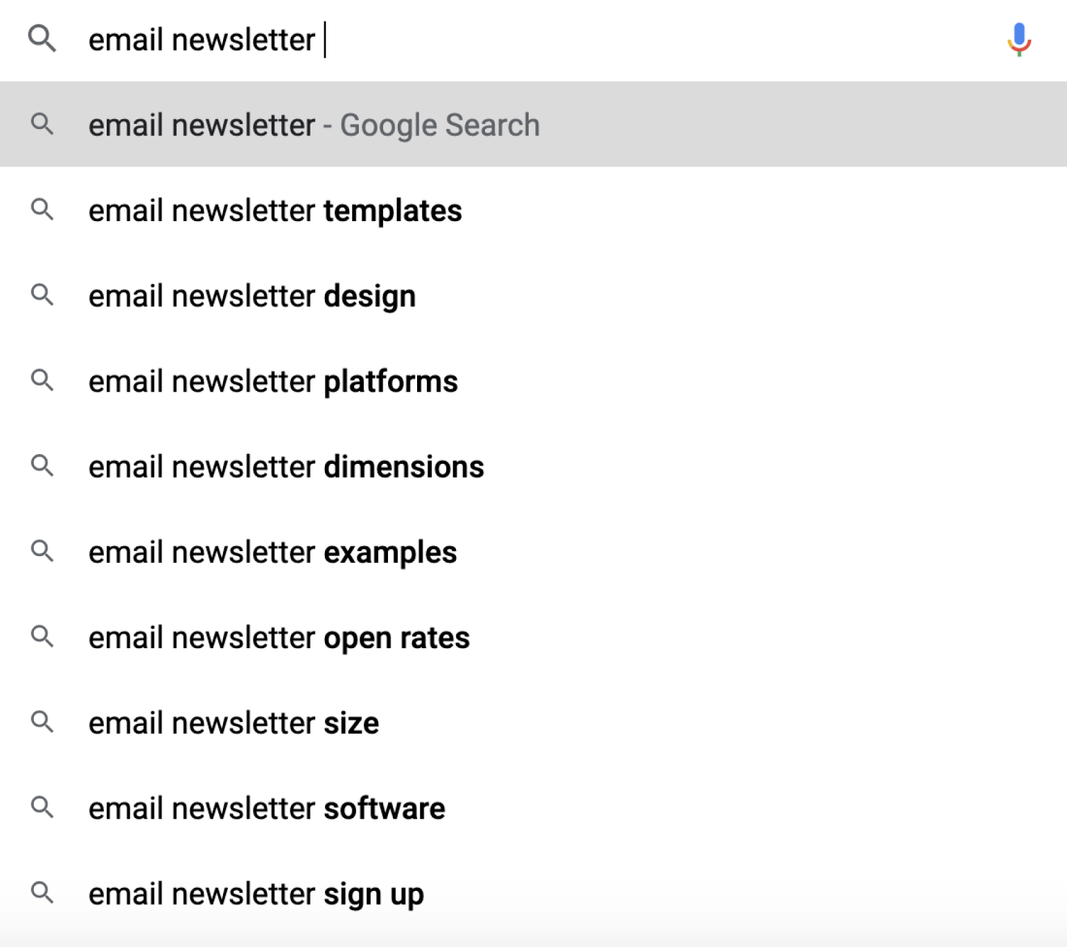 Google autocomplete, listing similar searches to the term 'email newsletter'