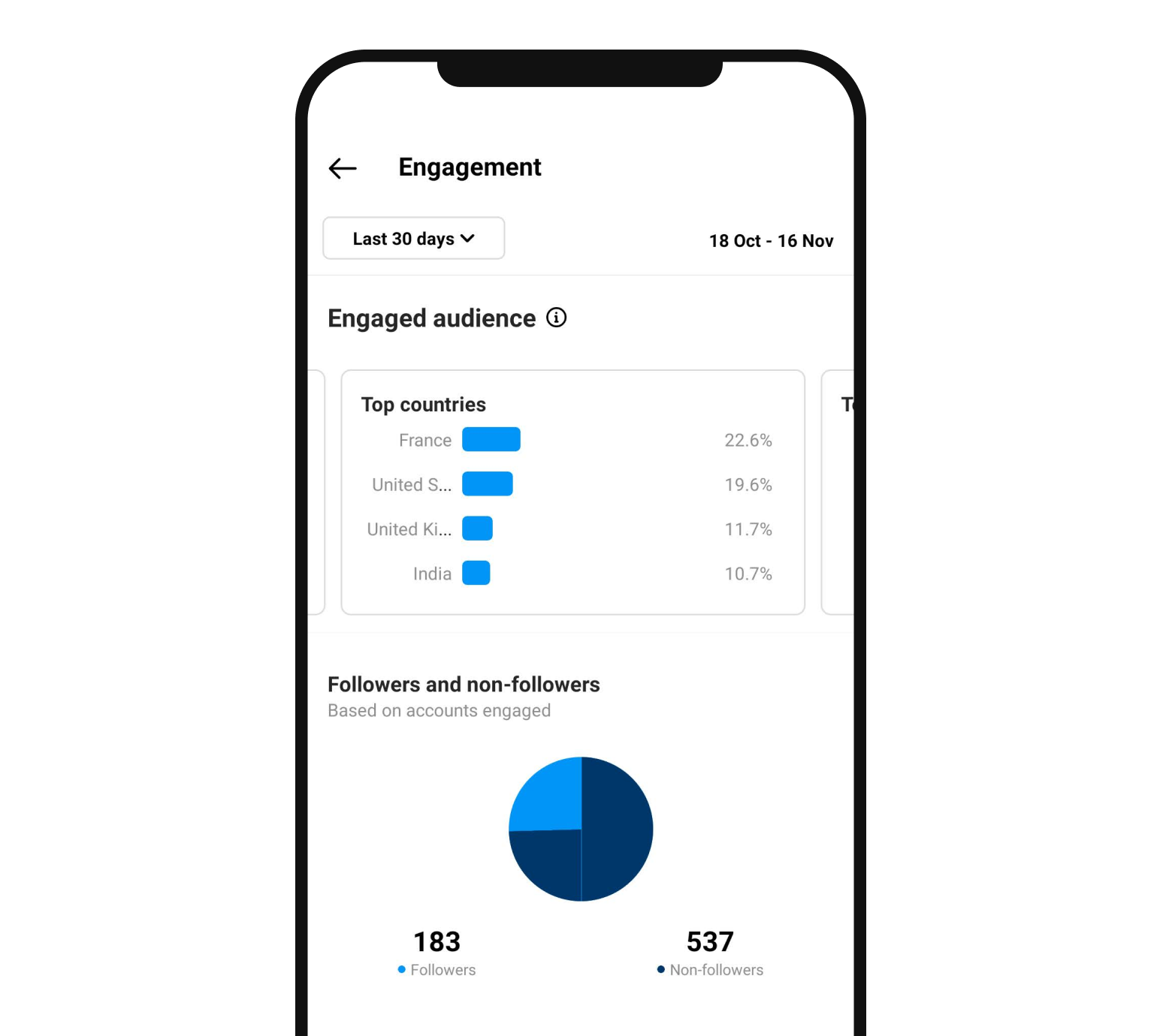 Instagram analytics dashboard, showing audience engagement stats and top countries