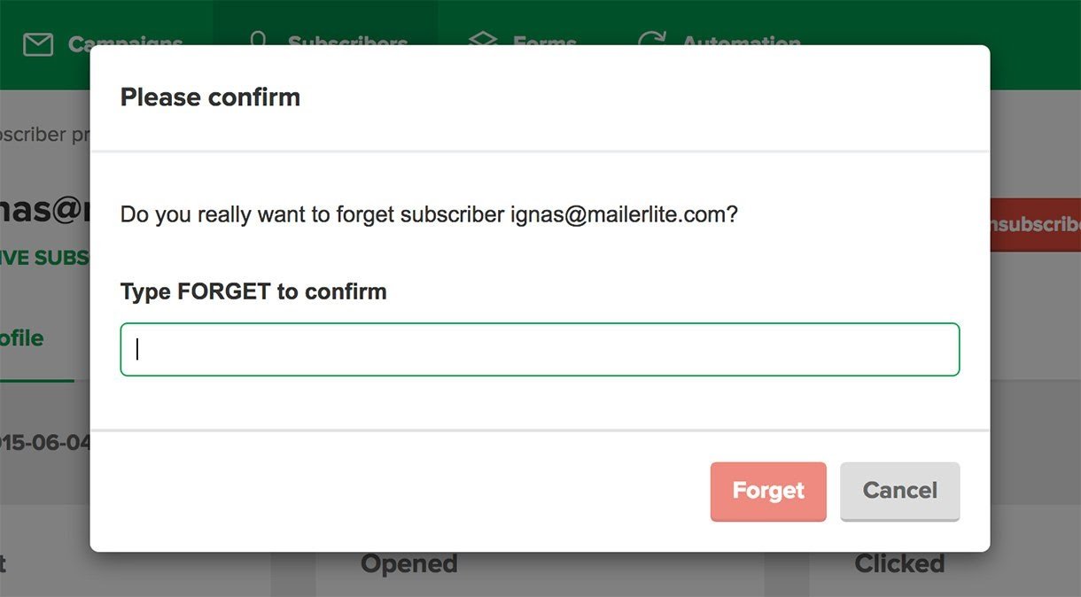 Confirming the forget feature in MailerLite