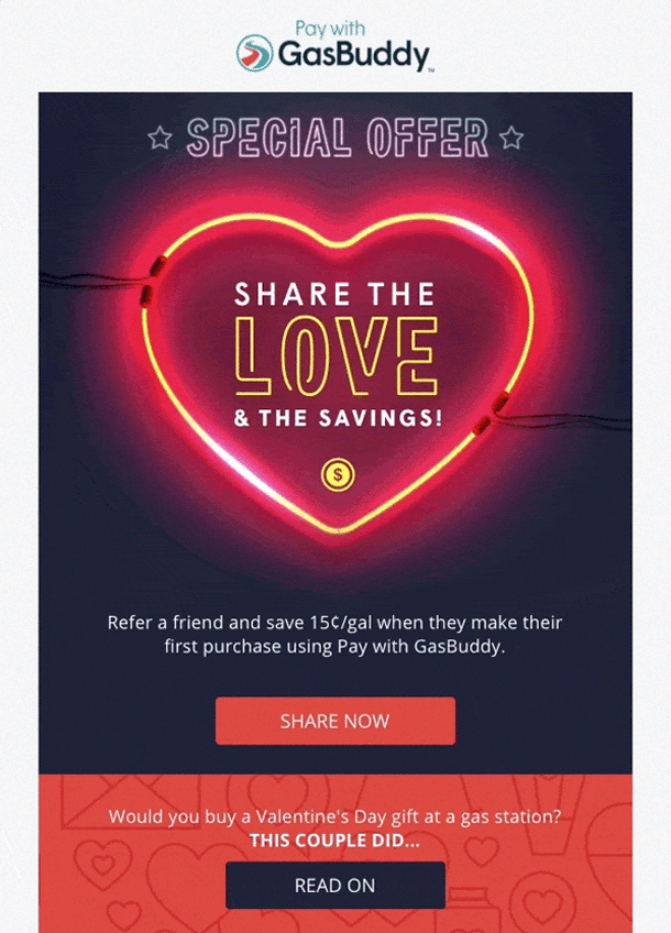 Gasbuddy Valentine's Day referral newsletter idea