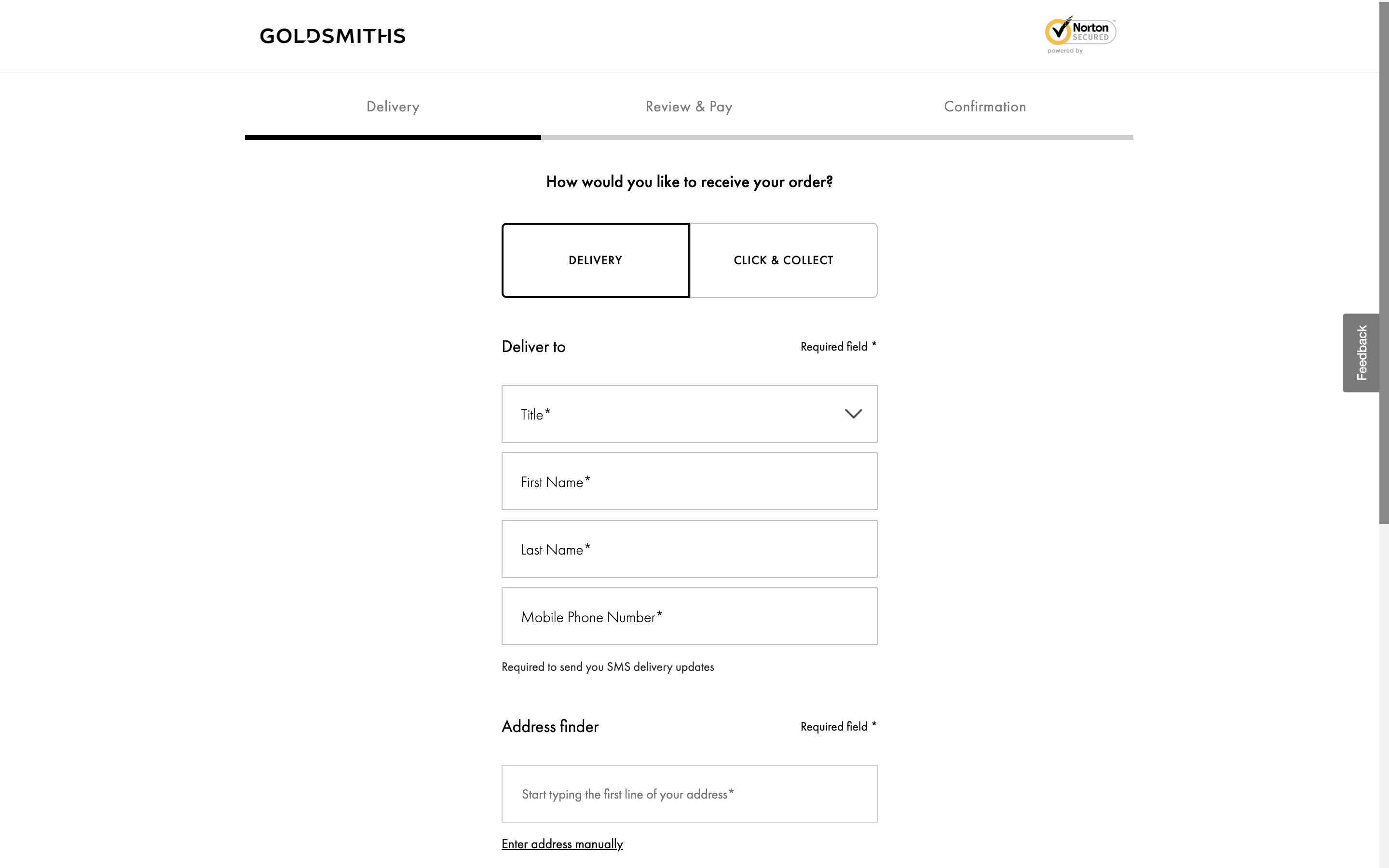 Screenshot of Goldsmiths' check out page that shows checkout only takes 3 steps and only asks for shipping address and email.