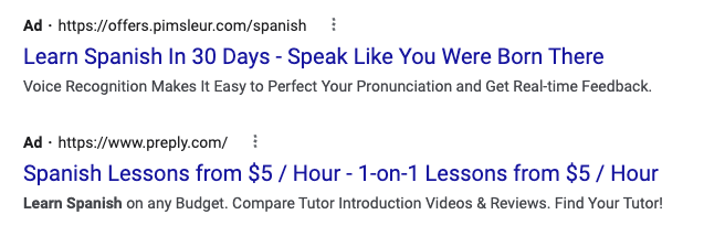 Google ad for Spanish course