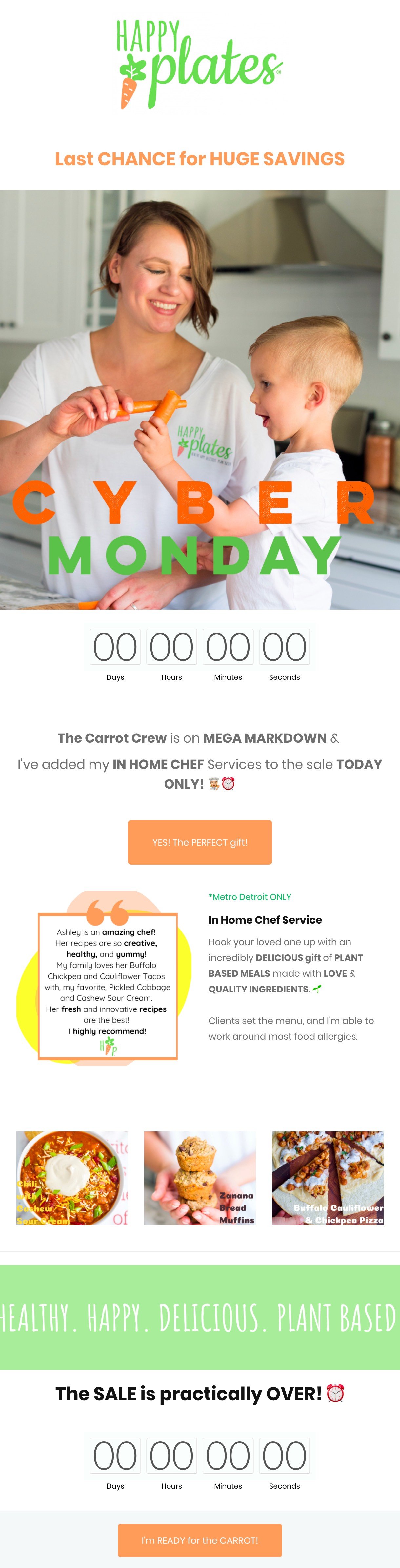 Happy Plates Cyber Monday email example countdown timer