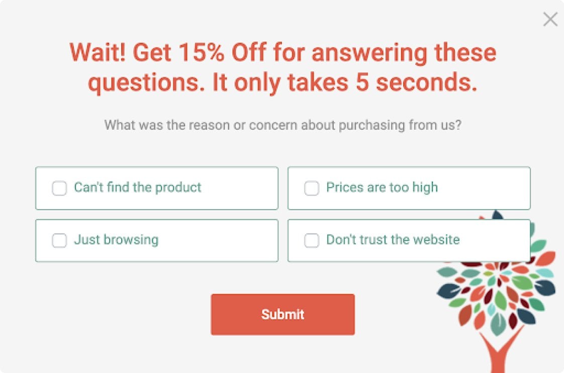 Survey pop-up example with special discount offer