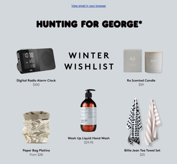 pre-christmas newsletter example hunting for george wishlist