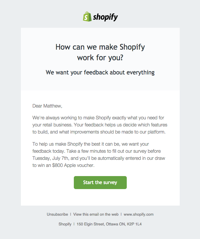 Shopify survey email example offering Apple voucher 