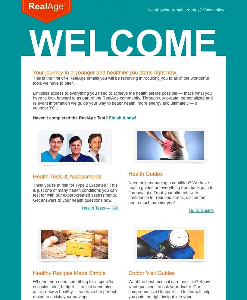 realage welcome email healthcare industry example