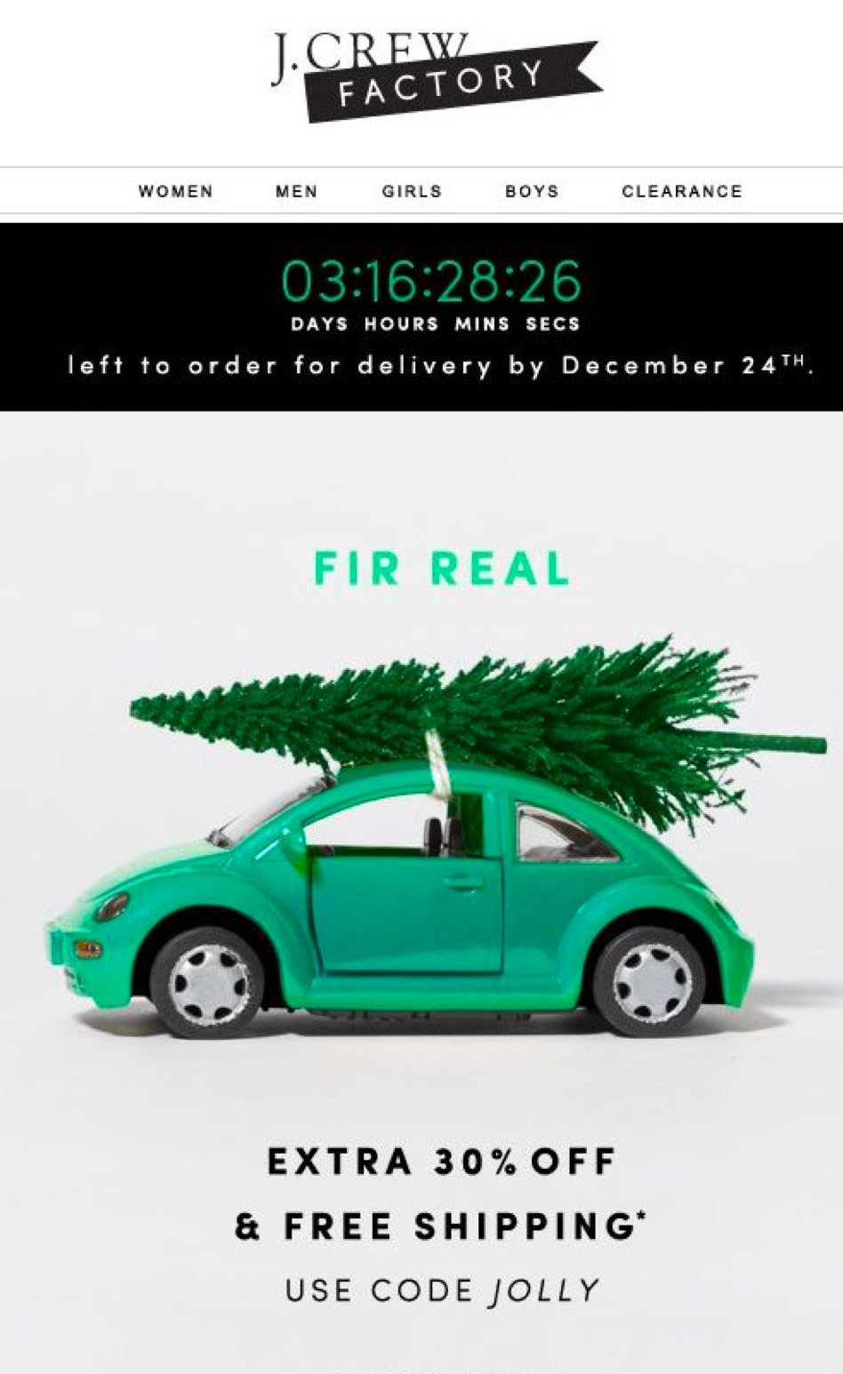 J. Crew Christmas newsletter example mint car carrying a pine tree