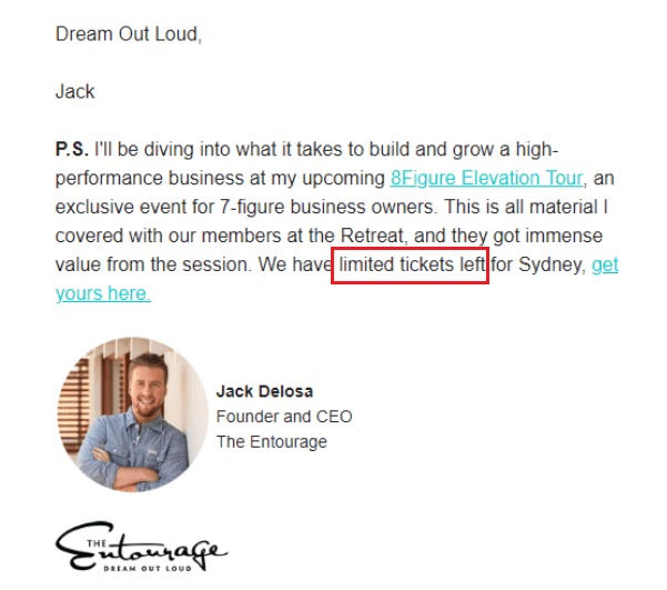 jack delosa ps in email example product urgency limited tickets left