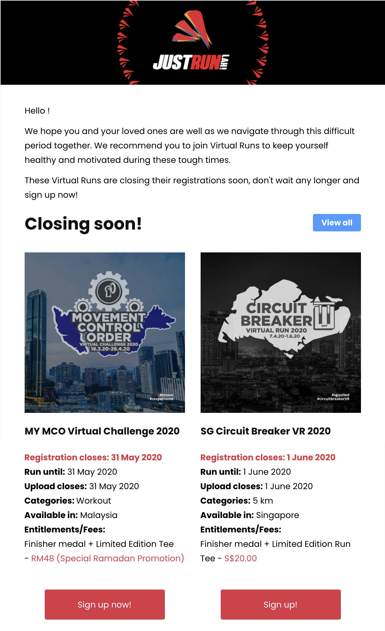 Just Connect virtual race fitness newsletter example