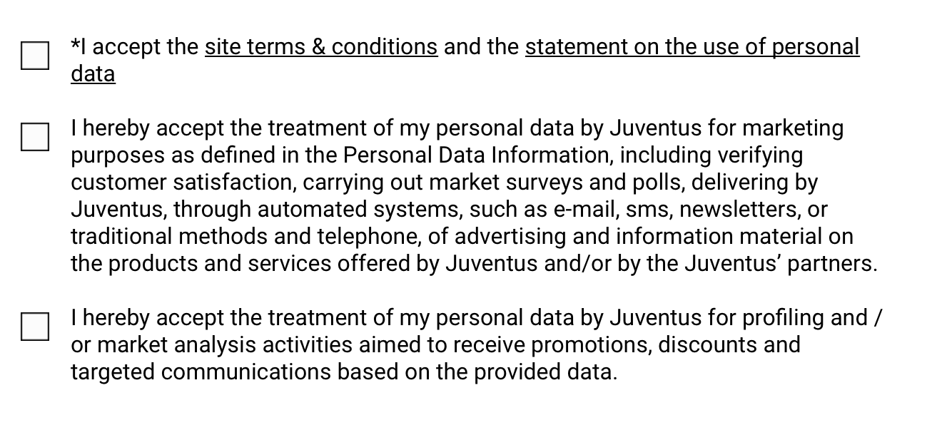 Getting consent for multiple purposes under GDPR example from Juventus