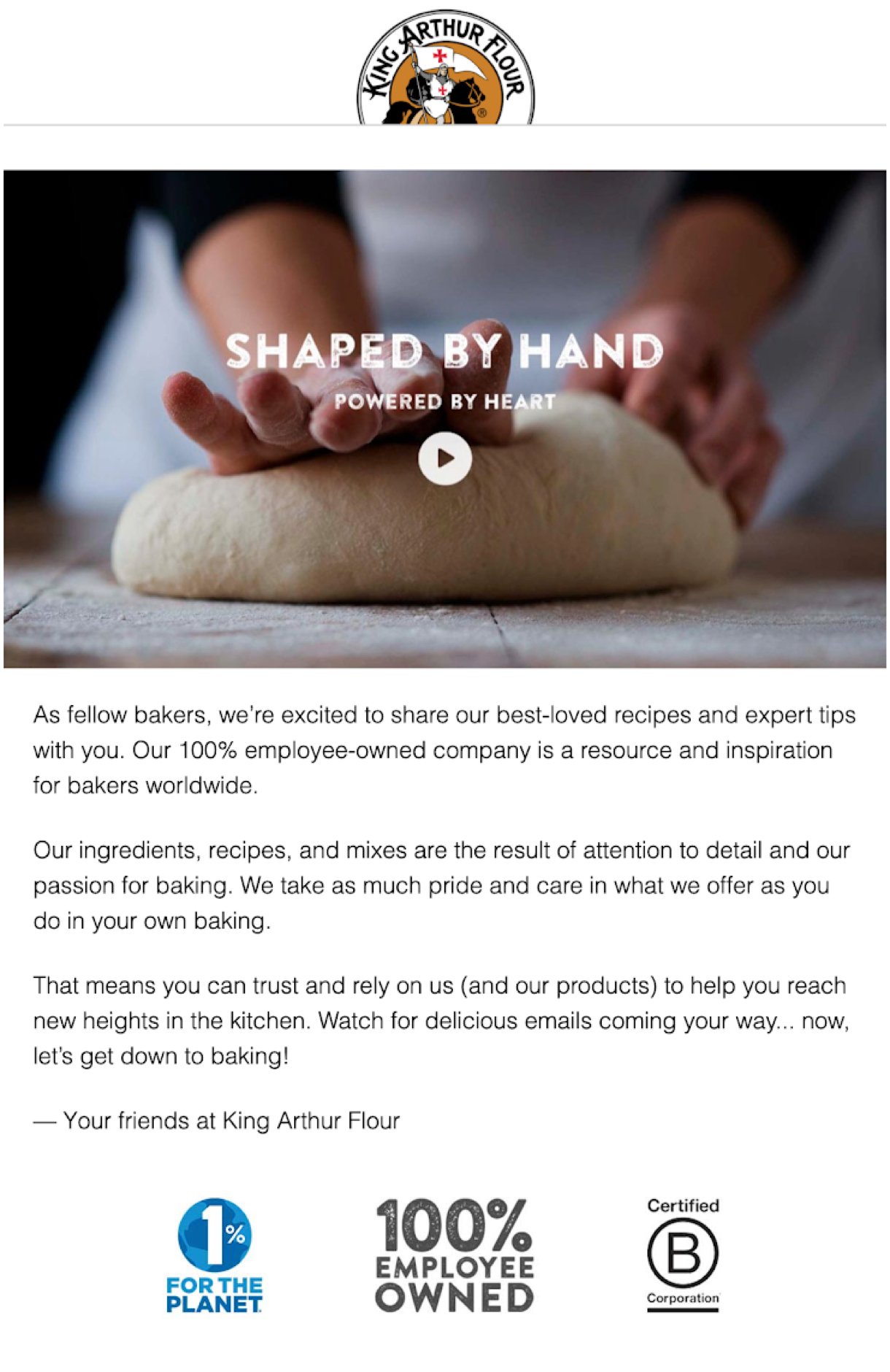 King Arthur Flour welcome email example hands kneading dough