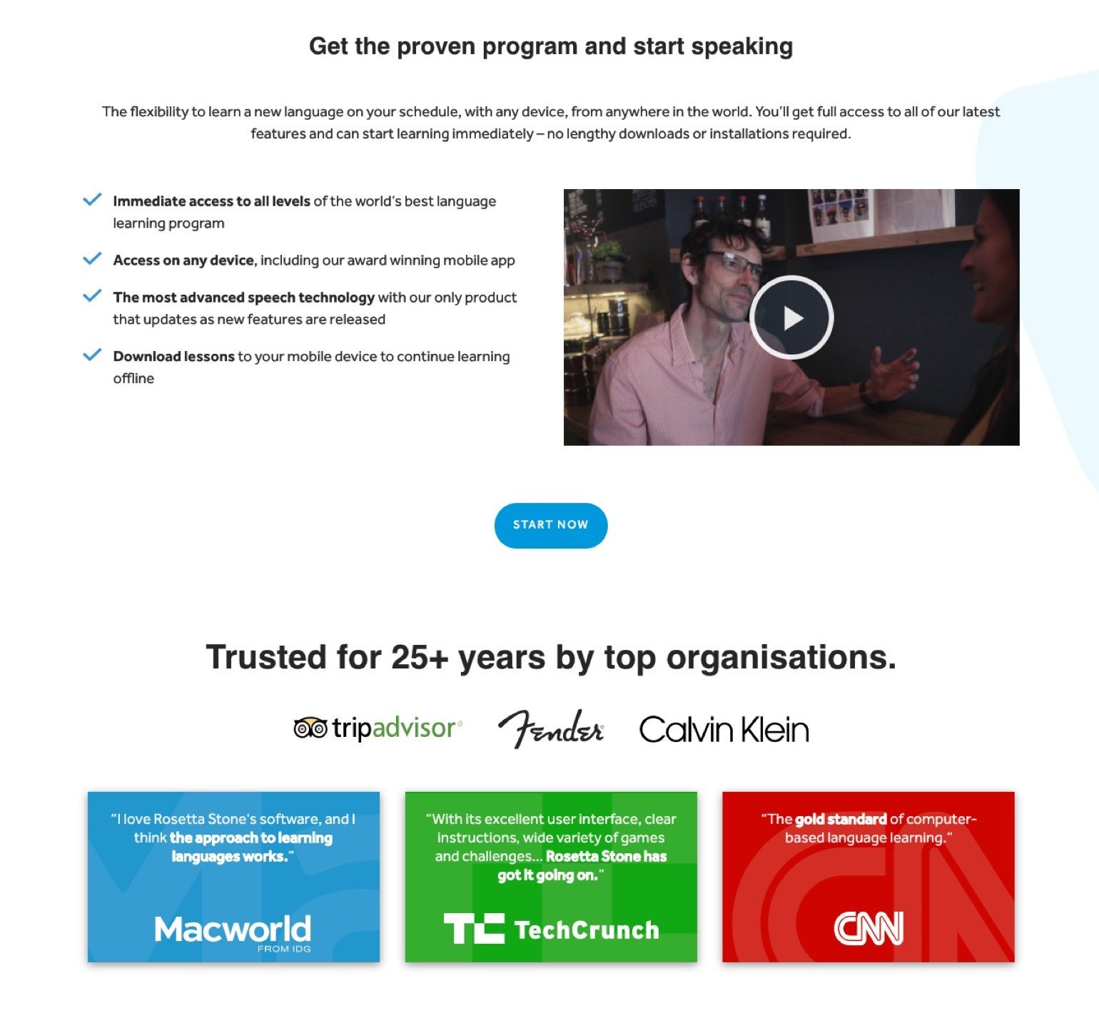 rosetta stone landing page media mentions social proof example