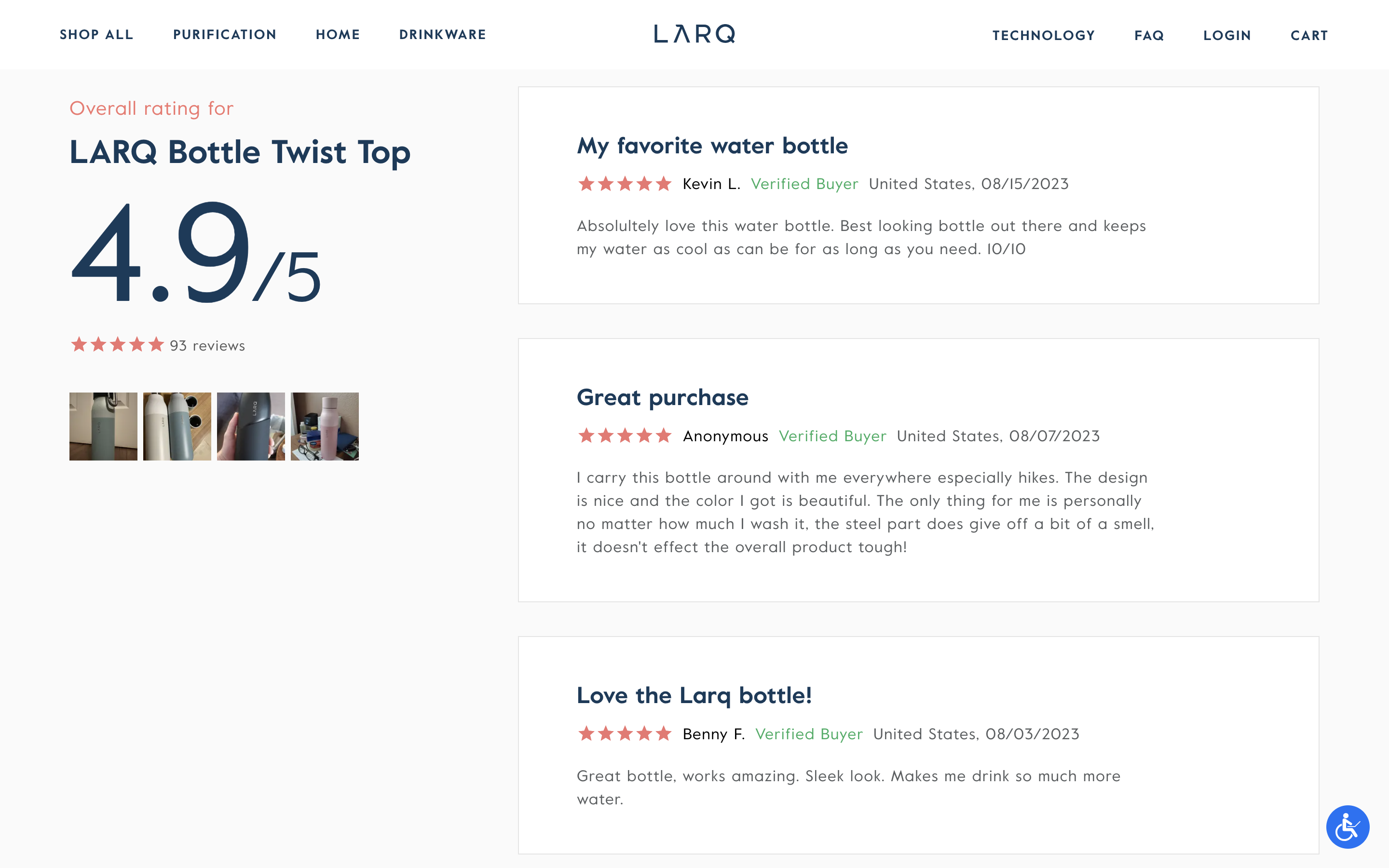 Screenshot of a Larq water bottle product page displaying a 4.9/5 customer rating beside 3 5-star reviews.