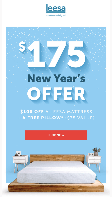 post-Christmas discount email example leesa mattress light blue background offer