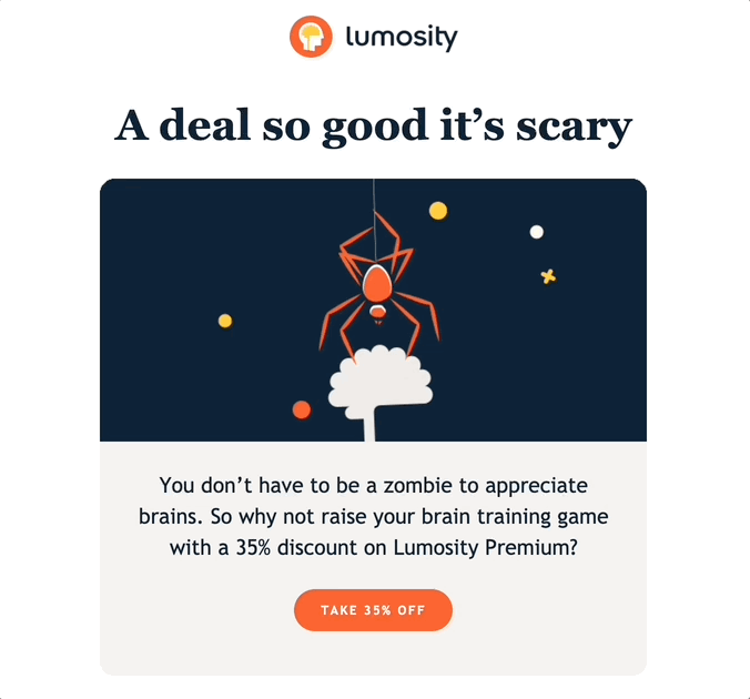 Lumosity fun Halloween email promotion with animated spider image