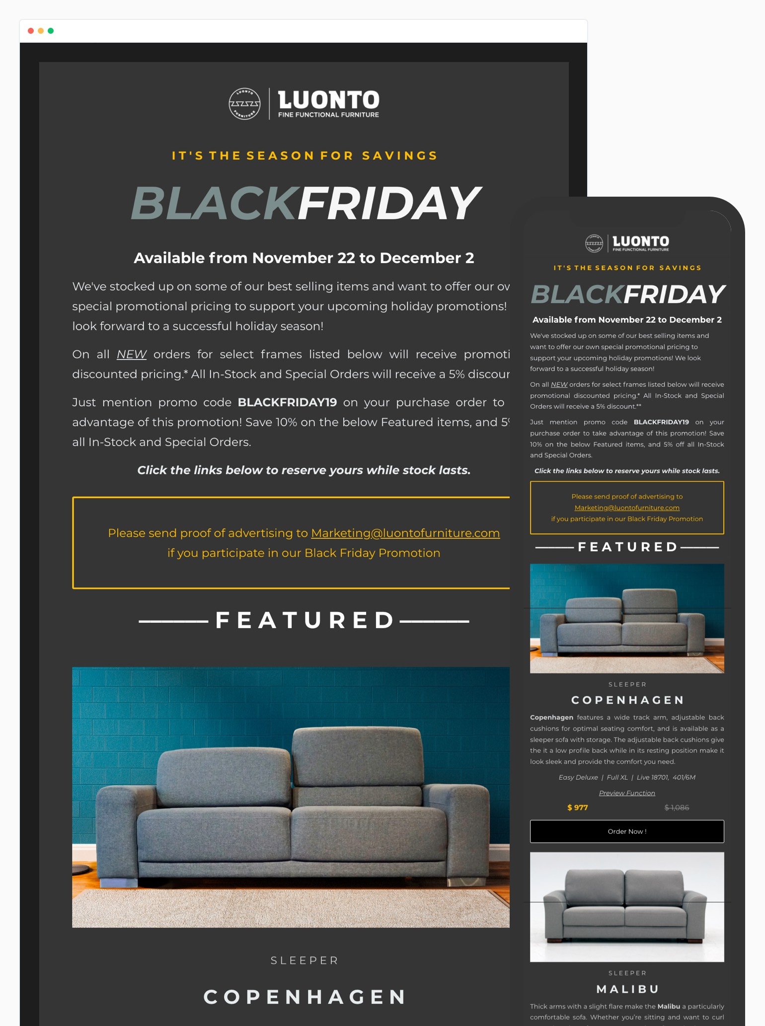Luonto Black Friday email example black background