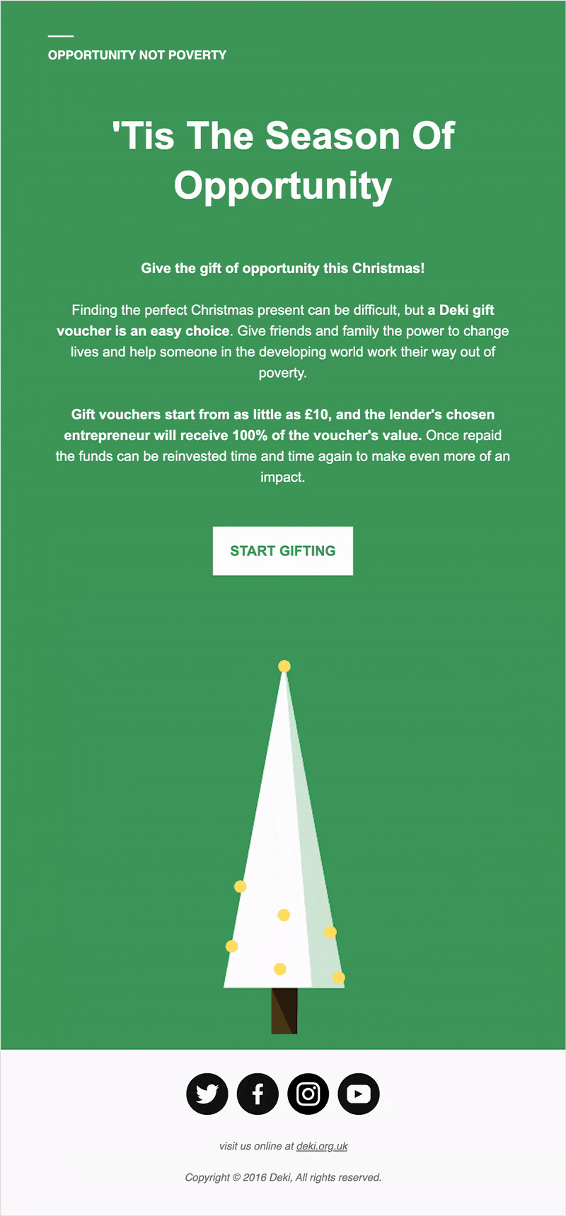 Deki Christmas newsletter example with green background