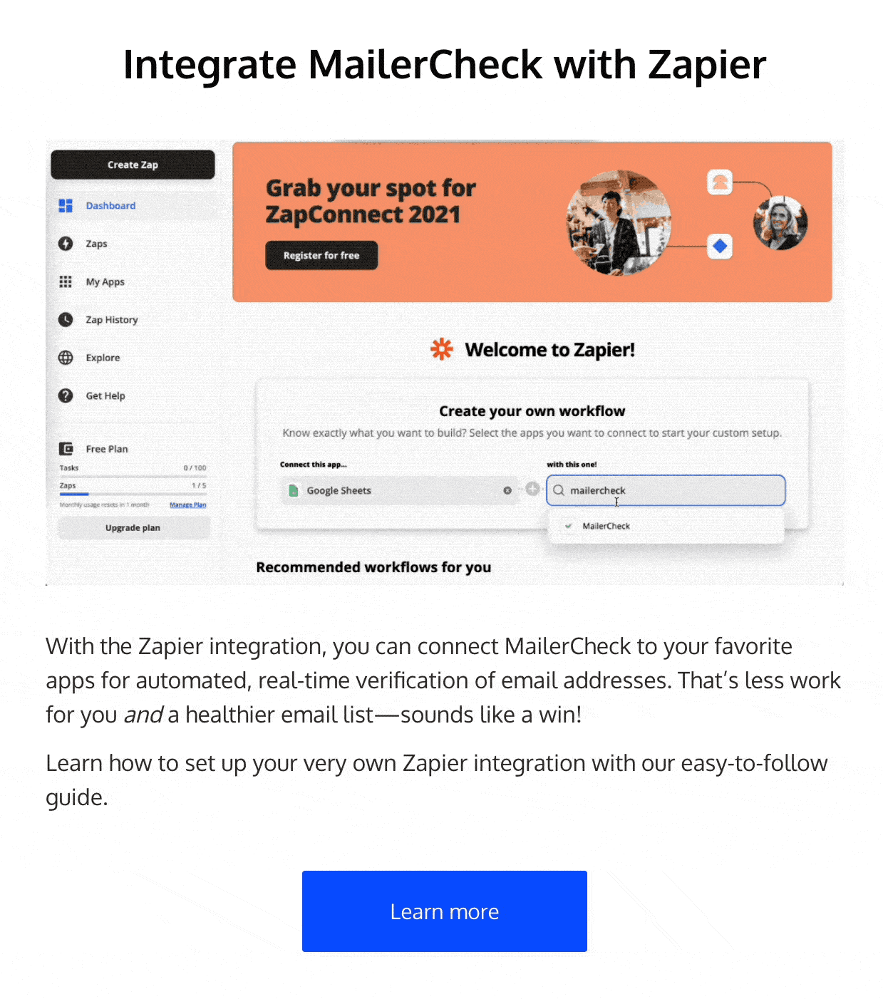Email GIF showing how to integrate MailerCheck with Zapier