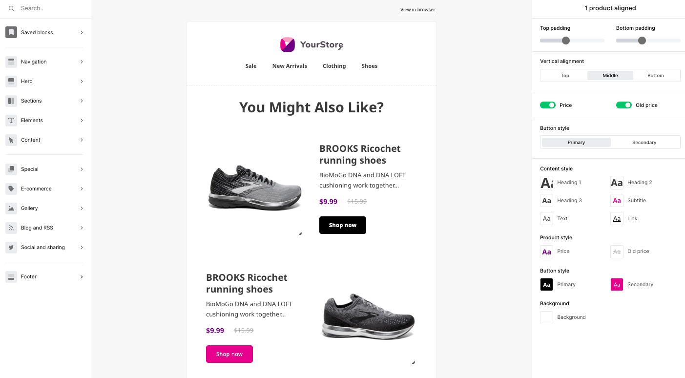 A Shopify product box in MailerLite's builder