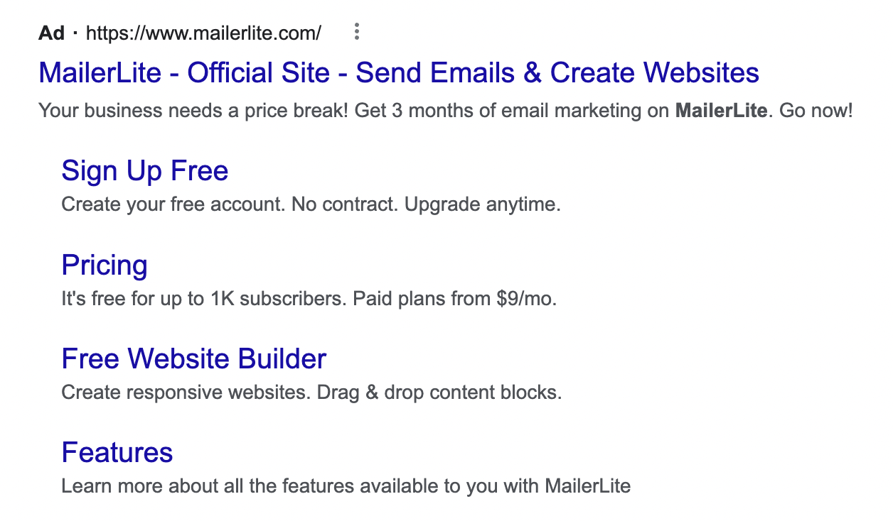MailerLite Google Ad example