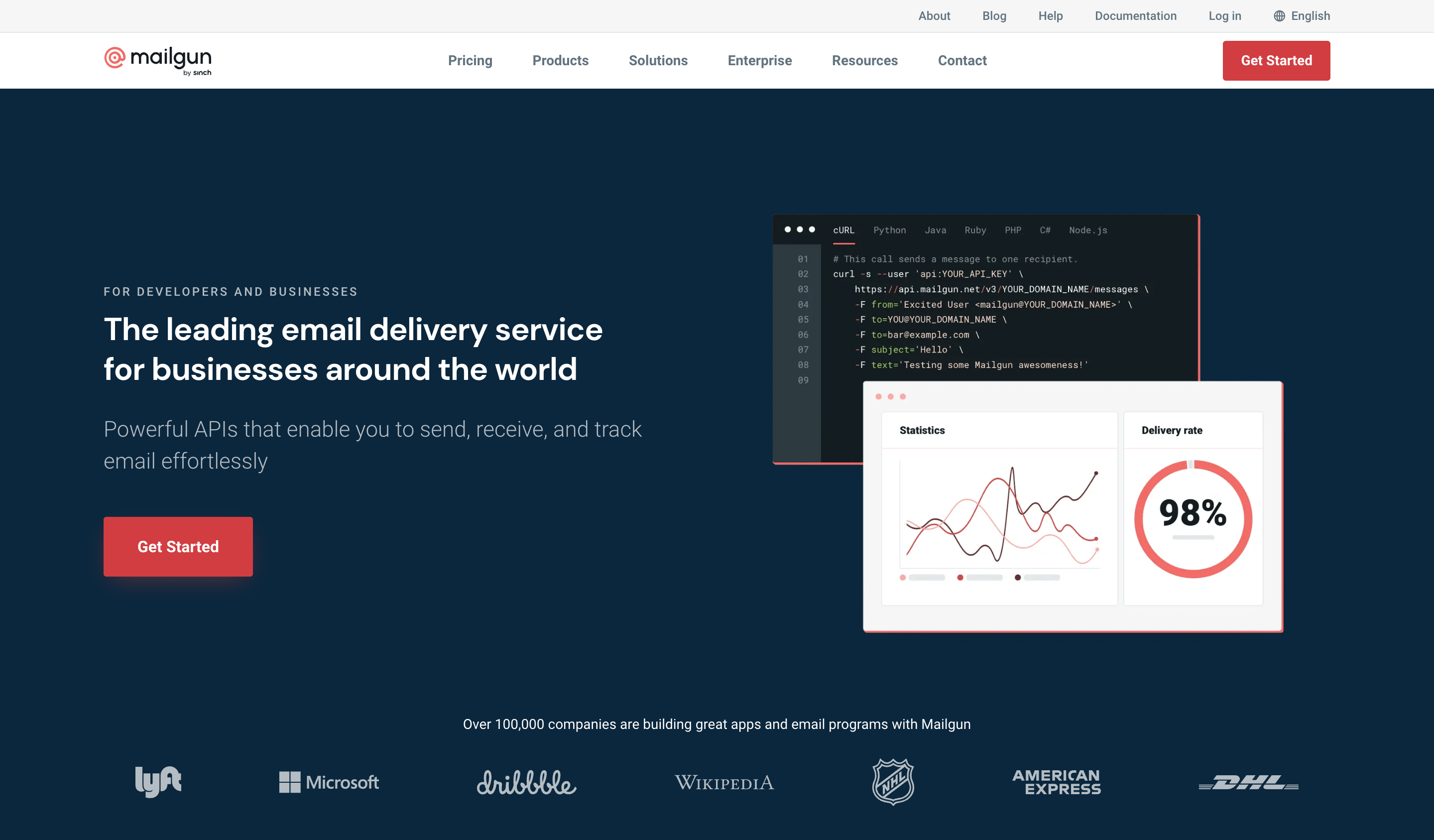 A screenshot of the Mailgun SMTP service homepage.