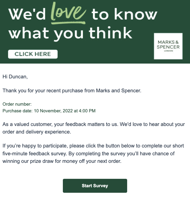 Marks and Spencer survey newsletter