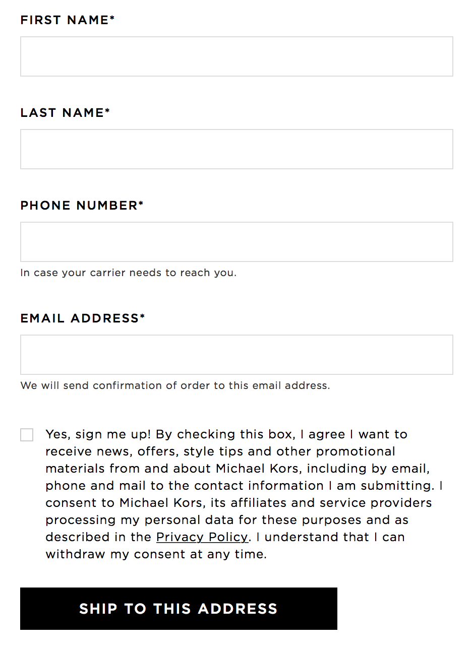 Unnecessary checkboxes for opt-in forms under GDPR example from Michael Kors