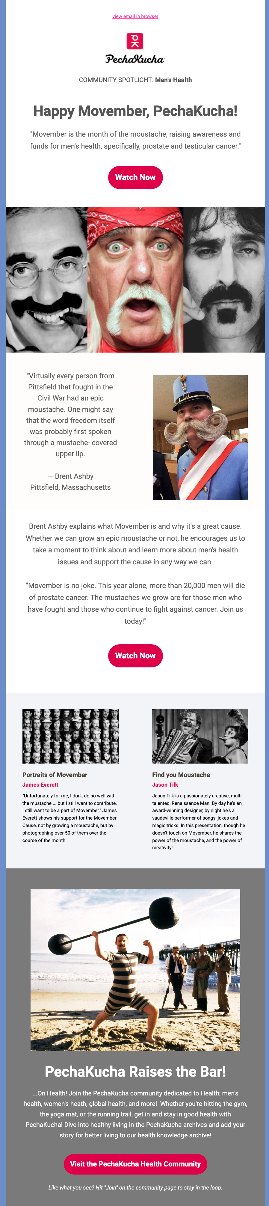 Movember newsletter example from Pecha Kucha with historical imagery of moustaches