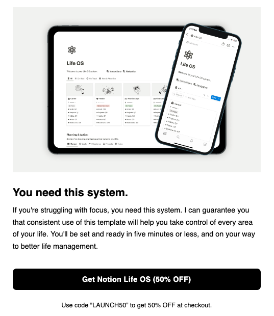 An example of a email promoting a digital product
