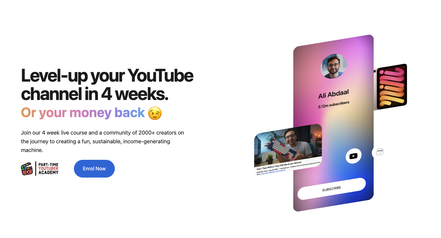 Part Time YouTuber Academy landing page