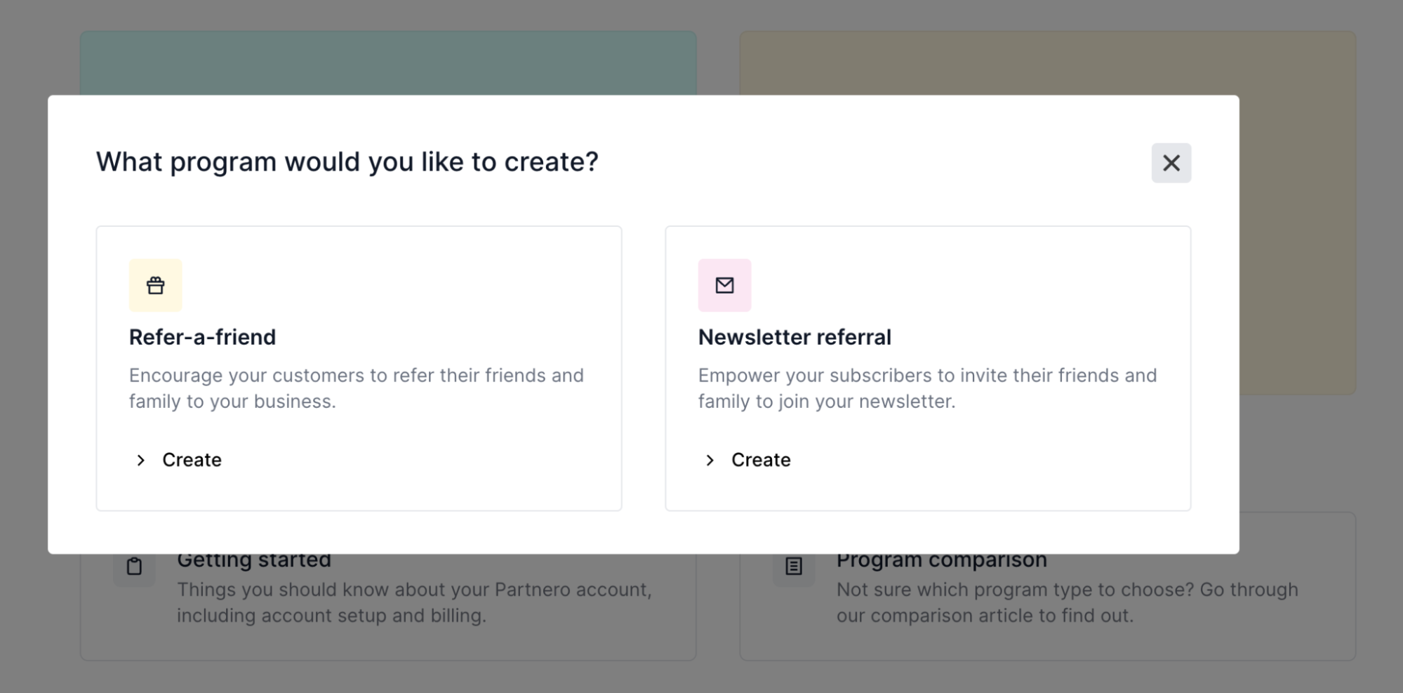 Partnero screenshot asking users to choose from a refer-a-friend or a newsletter referral program