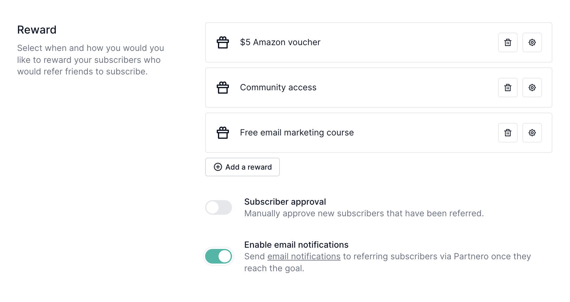 Partnero screenshot asking users to create their referral rewards