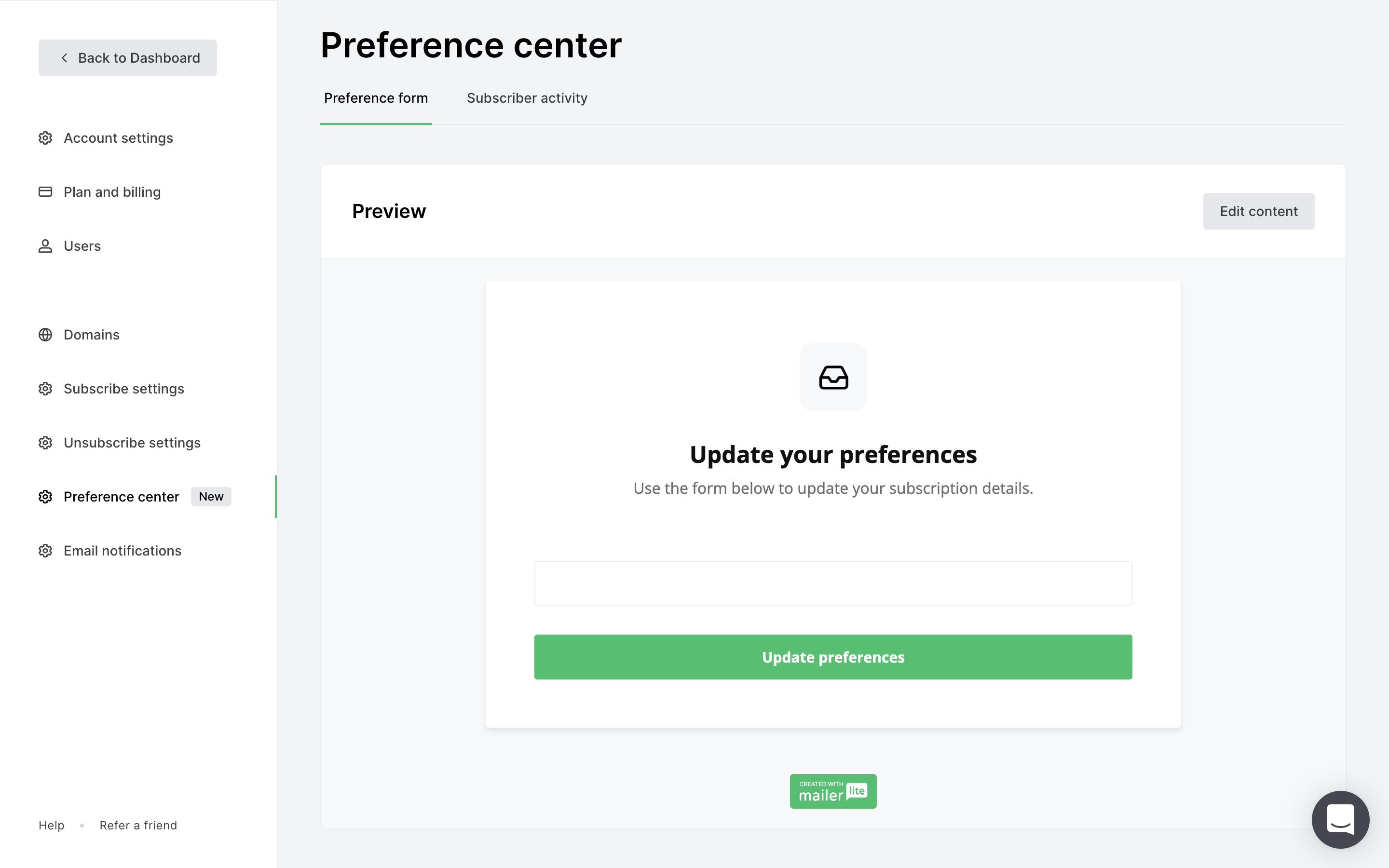 MailerLite's email preference center editor