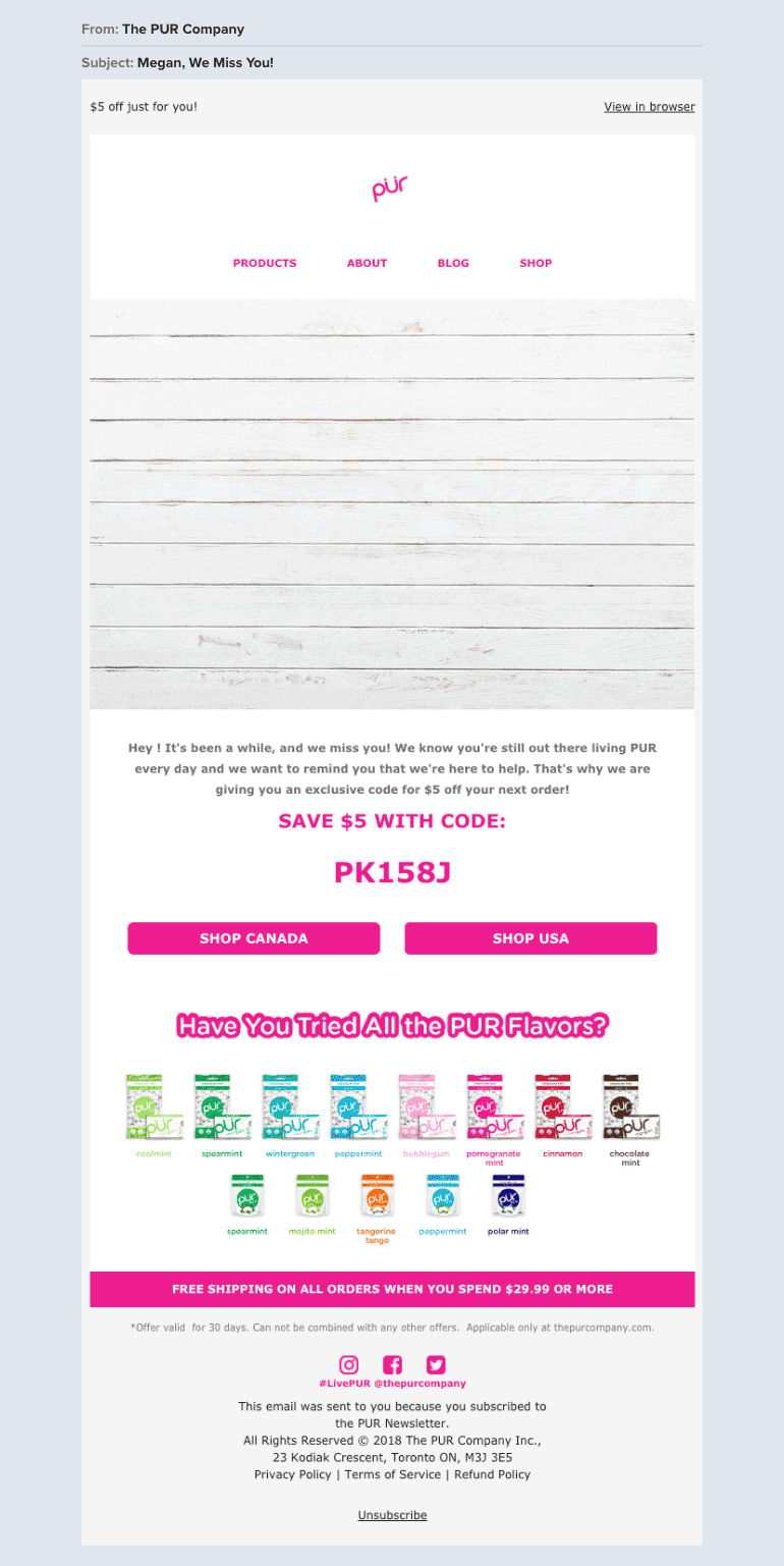 The PUR Company ecommerce email newsletter example we miss you animated