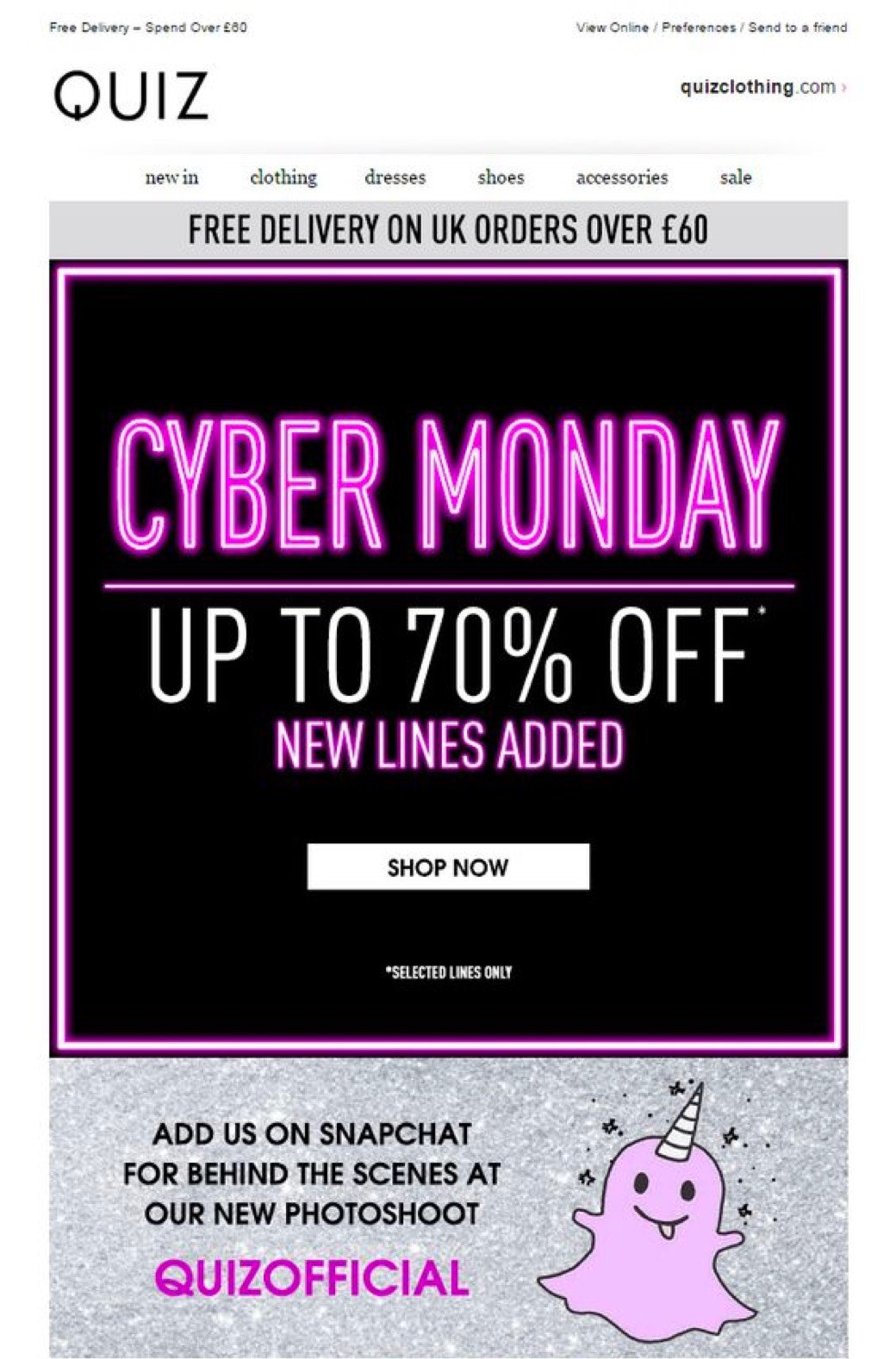 Quiz Cyber Monday email campaign neon pink black background