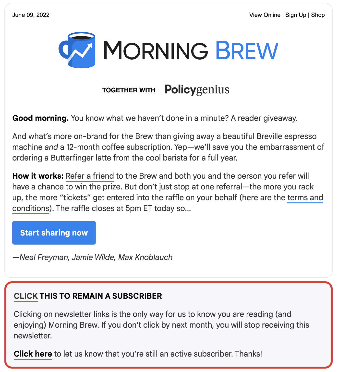 Subscription re-confirmation example from Morning Brew
