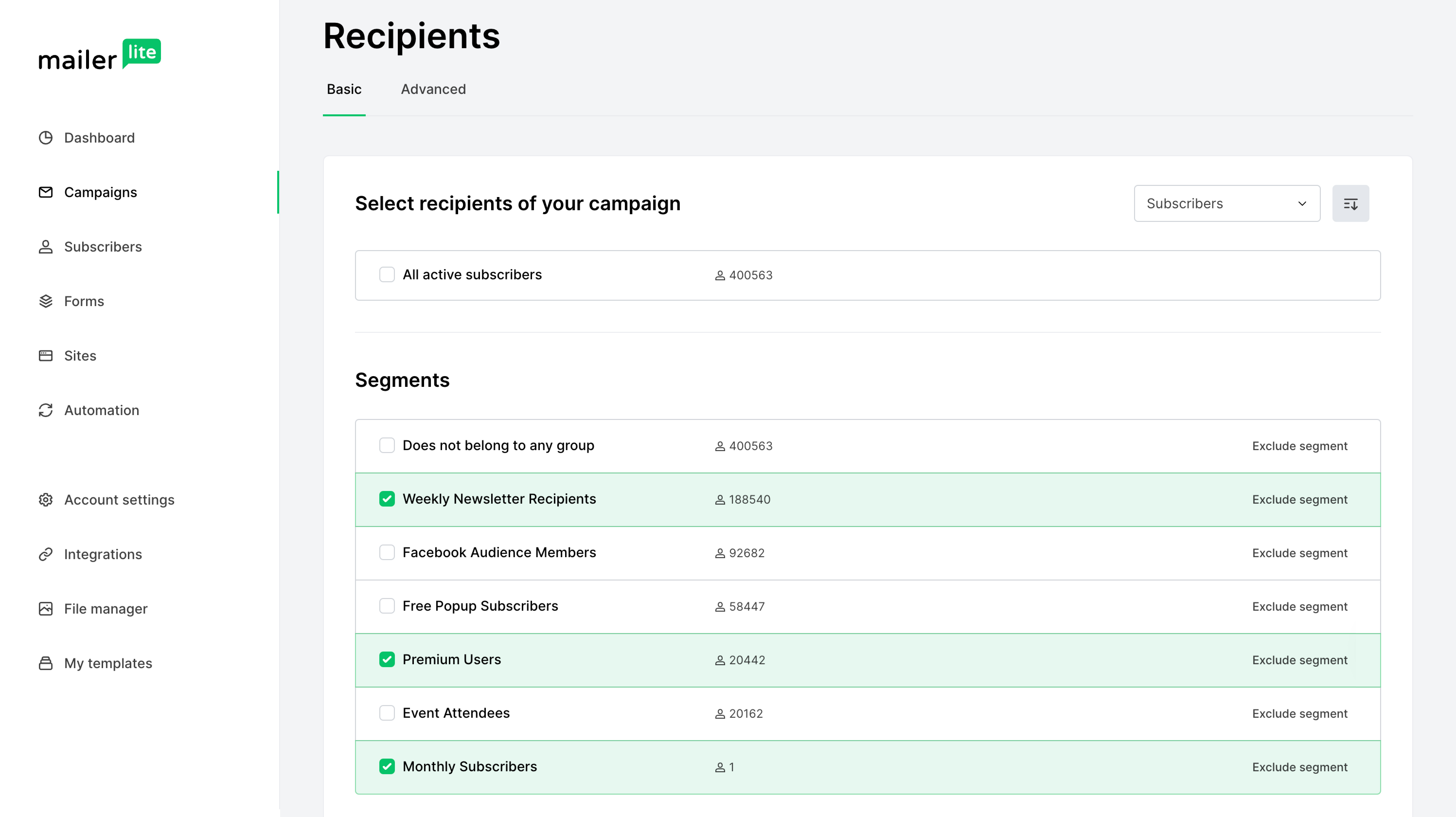 Screenshot of recipients page with different groups selected and excluded
