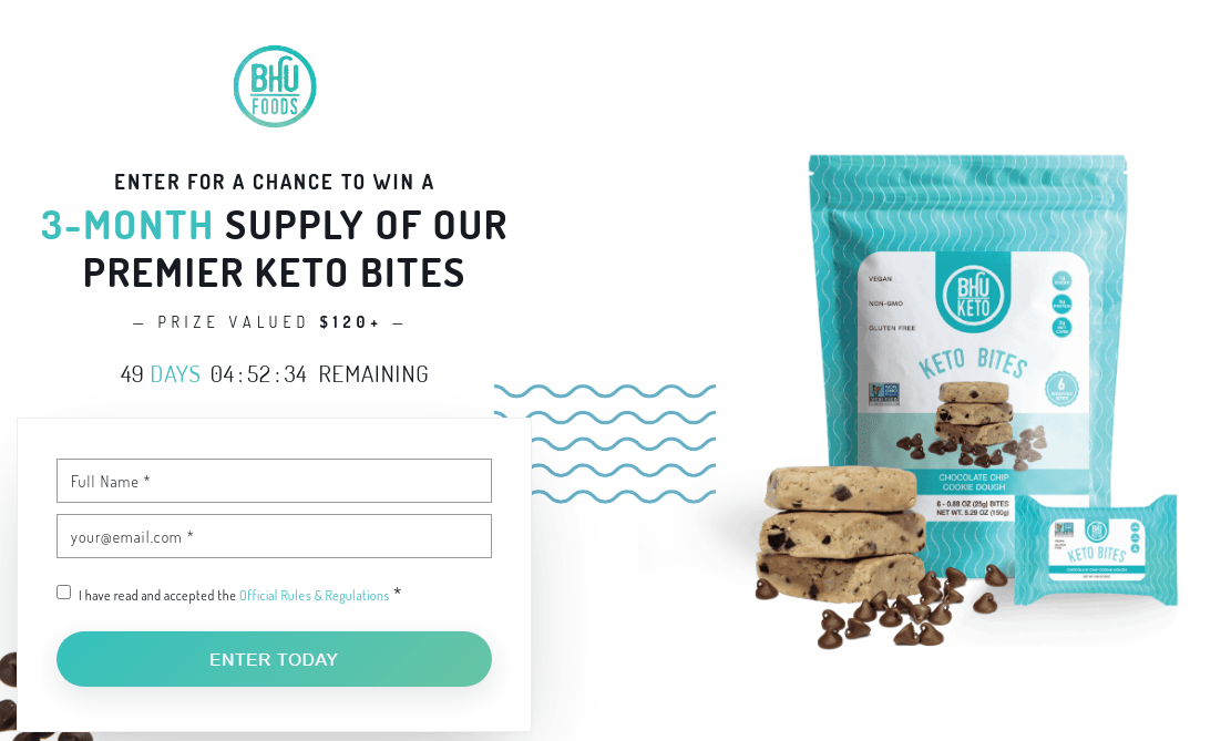 Bhu Foods contest for 3 months supply keto signup form on their website