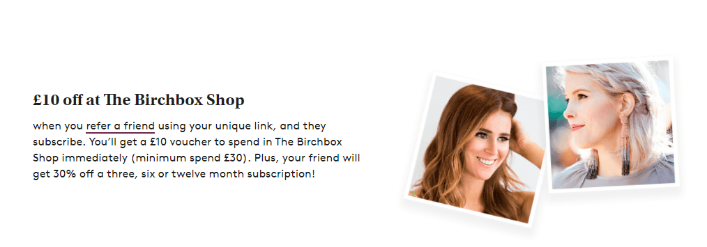 10$ off referral call-to-action section in a Birchbox customer email newsletter