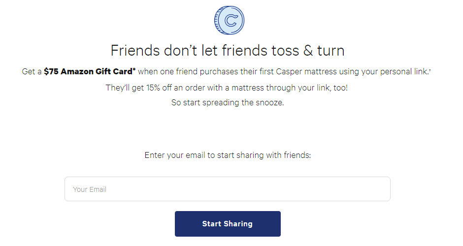 Casper referral program example $75 amazon gift card page on their website