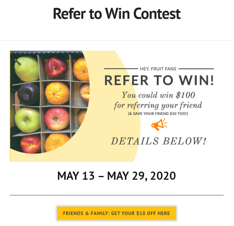 FruitGuys refer-a-friend email refer to win $100 contest