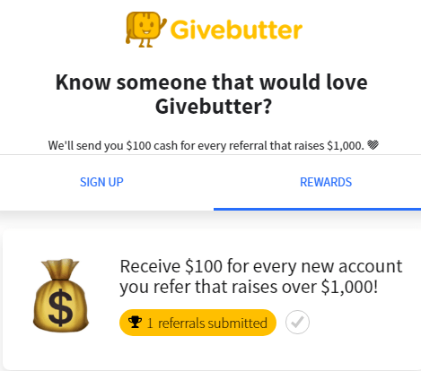 GiveButter referral program $100 cash widget on homepage.