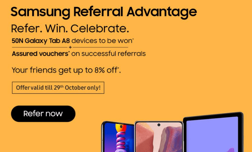 Samsung referral advantage refer a friend email yellow background win galaxy tab