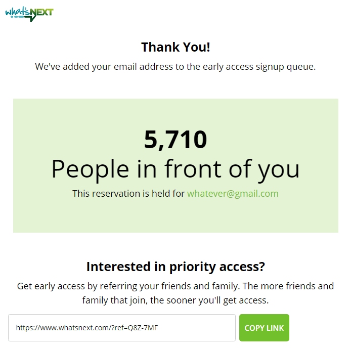 thank-you page shown after signing up on What’s Next’s website referral priority access example