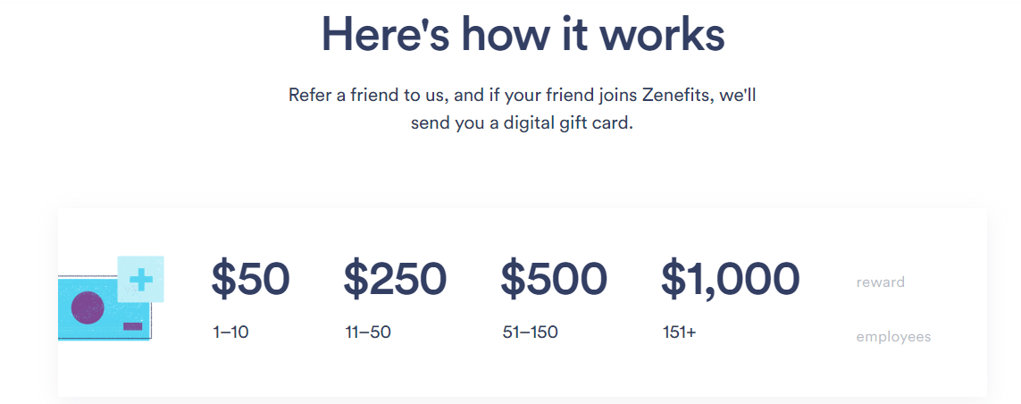 Zenefits referral program example page divided by tier levels on their website