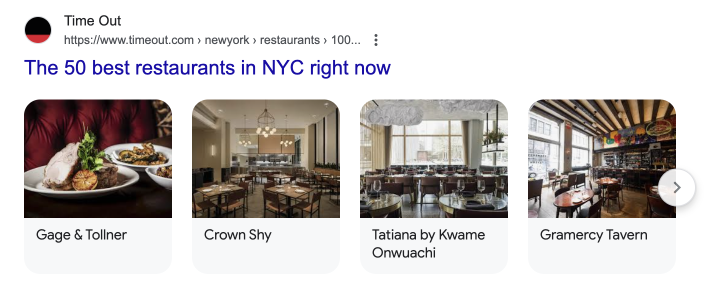 An example of rich results in Google for New York's best restaurants, with photos of 4 restaurants. 
