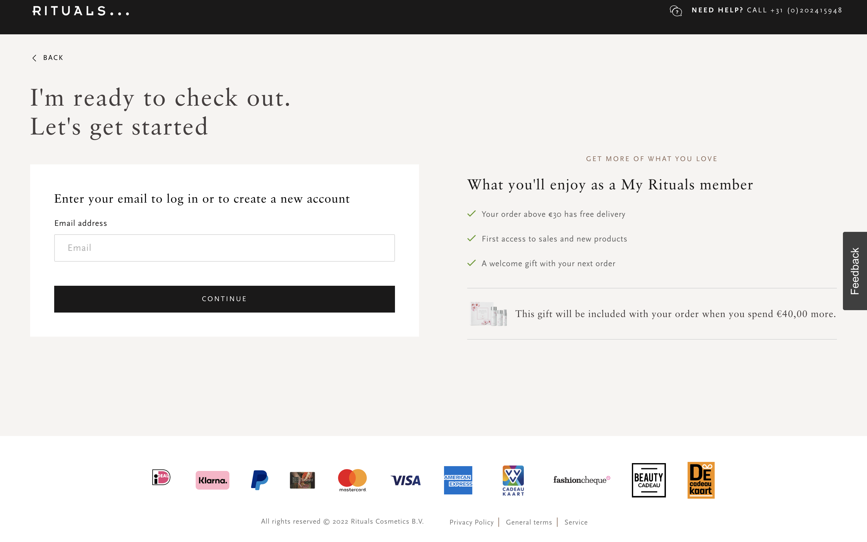 Example of payment options on ecommerce website from Rituals